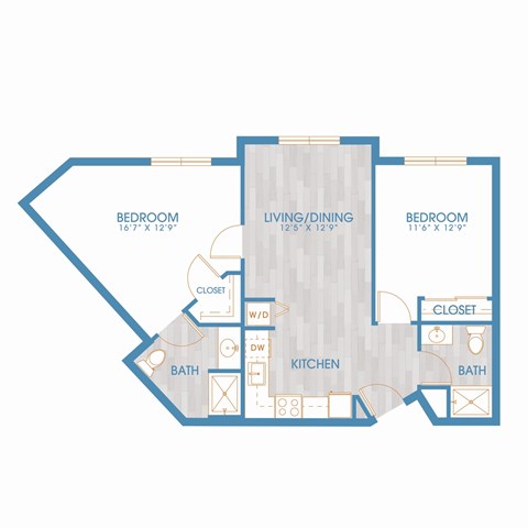 Floor plan for 2 beds, 2 baths, 964 sqft